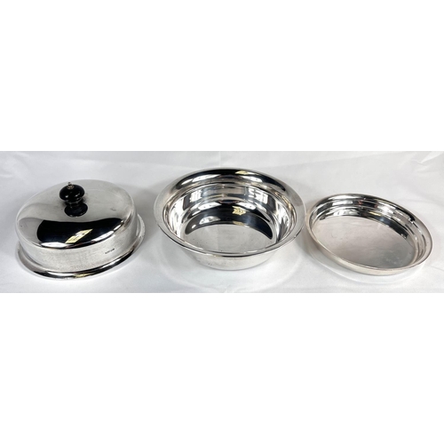 684 - A hallmarked silver muffin dish with ebonized handle, diameter 18cm, Sheffield 1938, maker James Dix... 