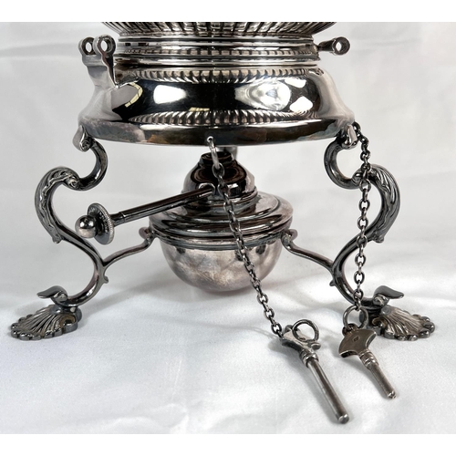 685 - A Georgian style spirit kettle of oval form with gadrooned rim and lower section, the burner base wi... 