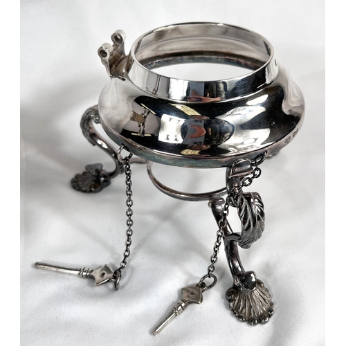 685 - A Georgian style spirit kettle of oval form with gadrooned rim and lower section, the burner base wi... 