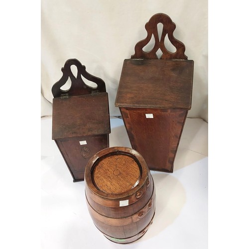 10 - Two 18th century inlaid oak candle boxes; a brass bound sherry barrel.