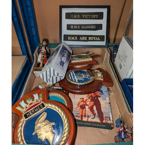 106 - A silver-plated Posters of World War II ingot collection and a selection of military shields.