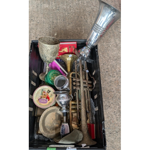 150B - A vintage Regent plated trumpet, another brass, EPNS trophy etc.