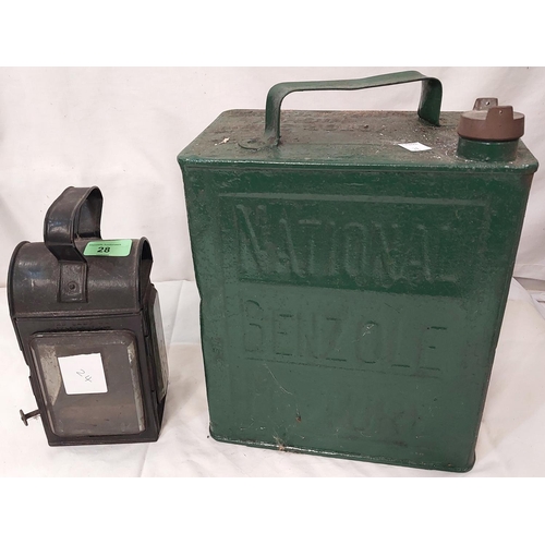 28 - Black tinplate railway lamp with bevelled glass apertures; a military green petrol can.