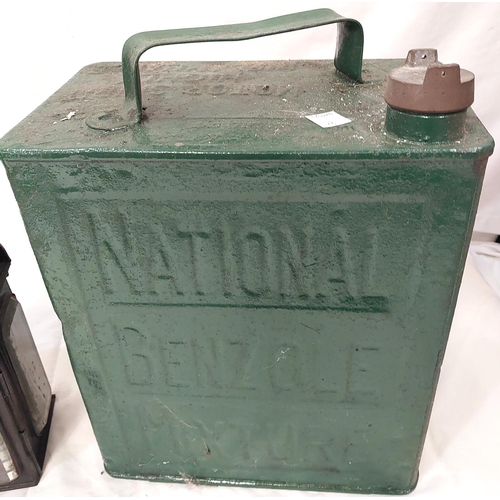 28 - Black tinplate railway lamp with bevelled glass apertures; a military green petrol can.