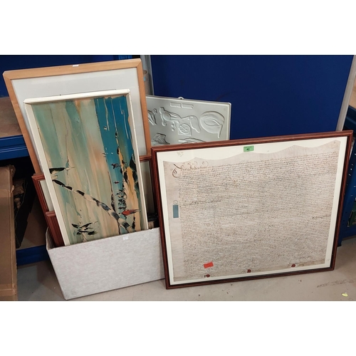 42 - A framed and sealed vellum document with lengthy written passage and other pictures and prints; a 19... 