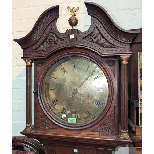 997 - A late 18th Century/early 19th Century carved oak longcase clock with swan neck pediment, ball finia... 