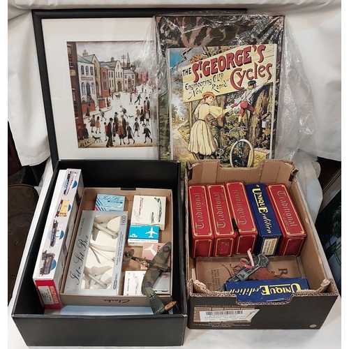 35A - A collection of traditional boxed buses, boxed diecast planes, a Lowry print etc.