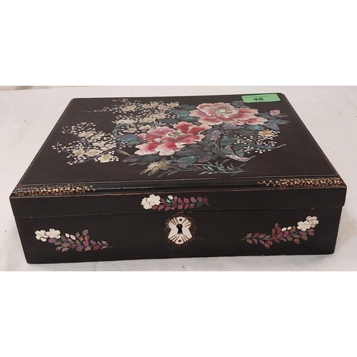 48 - A black lacquer box with internal divisions for game counters etc.