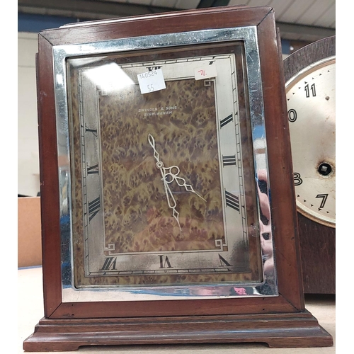 55 - Two Art Deco chiming mantle clocks (one no glass) and a square dial time piece.