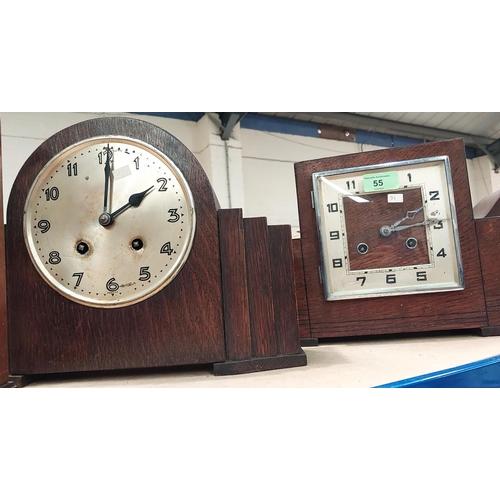 55 - Two Art Deco chiming mantle clocks (one no glass) and a square dial time piece.