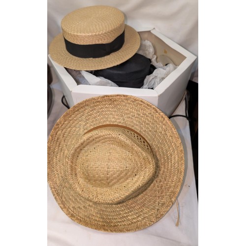 4B - A vintage boater hat and vintage panama hats and another in box.