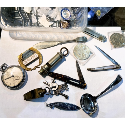 77 - A selection of collectables inc. pocket watch, police whistle, sports whistle, penknives etc.