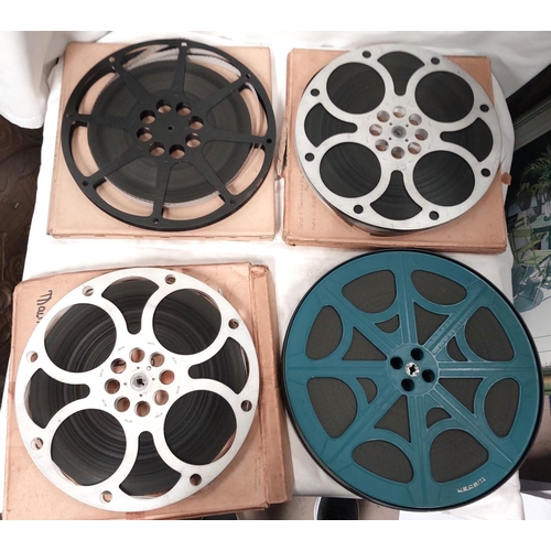 115 - 16mm 'Western' genre films in labelled boxes:- Trail Street (2 reels), Rhythm of the Saddle (2 reels... 