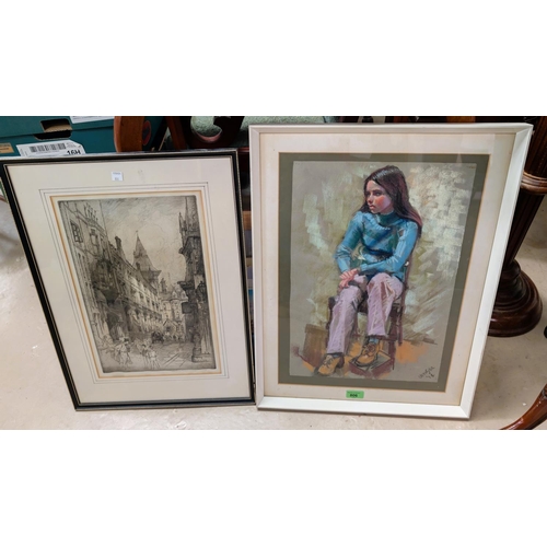 825 - A mid 20th Century pastel full length portrait of girl seated on stool, and early 20th Century etchi... 