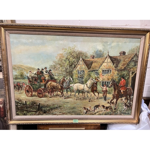 837 - Chevalier Stagecoach at a Country Inn, oil on canvas, signed, 60x90cm, framed.