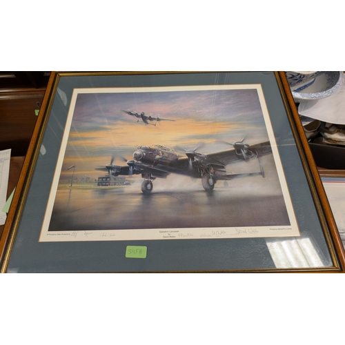 838 - 'Operation Lancaster' after David Walker, print signed by artist and pilot in pencil, framed and gla... 