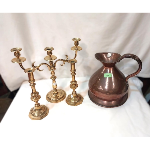 128 - A pair of Victorian brass candlesticks, brass candelabra, copper one gallon flagon.