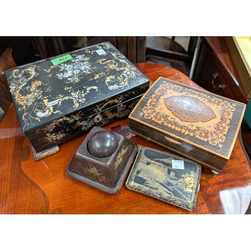 64 - A papier mâché Georgian sewing box, a Japanese-style cigarette case etc.