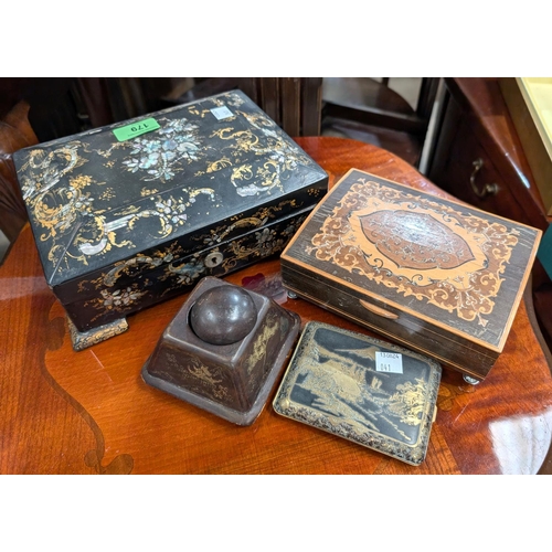 64 - A papier mâché Georgian sewing box, a Japanese-style cigarette case etc.