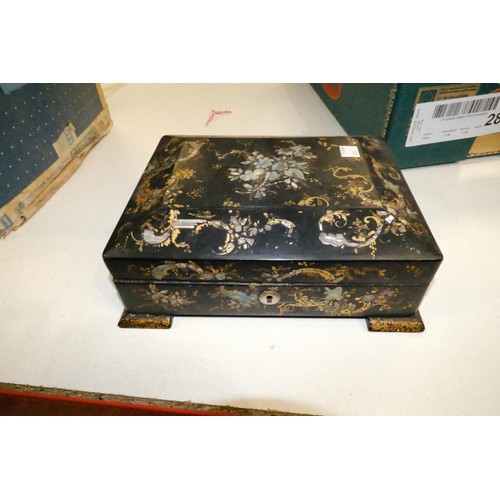 64 - A papier mâché Georgian sewing box, a Japanese-style cigarette case etc.