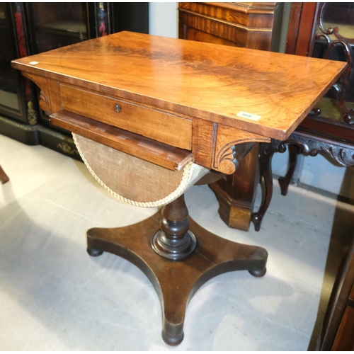 981 - A mahogany Regency style sewing table with velvet bag beneath, u-frame and column base.