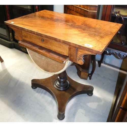 981 - A mahogany Regency style sewing table with velvet bag beneath, u-frame and column base.