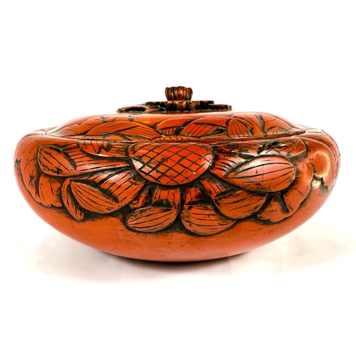 643 - A large 19th Century Chinese cinnabar lacquer covered bowl with leaves in relief, bearing Sainsbury'... 