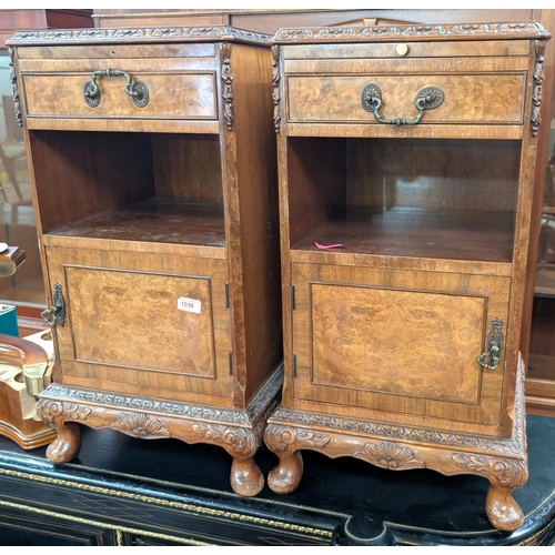 1036 - A pair of Burr walnut Epstein style bedside cupboards with drawer, shelf and cupboard.