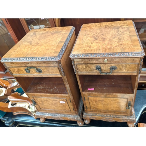 1036 - A pair of Burr walnut Epstein style bedside cupboards with drawer, shelf and cupboard.