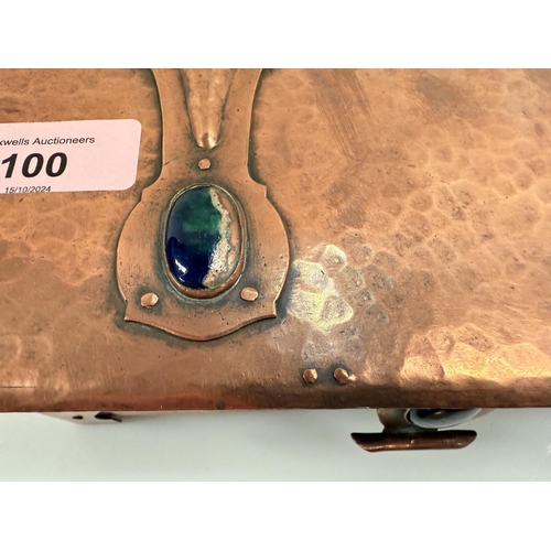 100 - ARTS & CRAFTS BOX: a copper glove box in beaten copper with blue enamel cabochons, signed F G TR... 