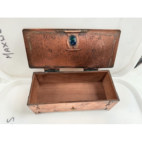 100 - ARTS & CRAFTS BOX: a copper glove box in beaten copper with blue enamel cabochons, signed F G TR... 