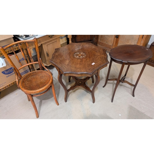 1008 - A 19th century inlaid rosewood occasional table with shelf under; another table and a bentwood chair... 