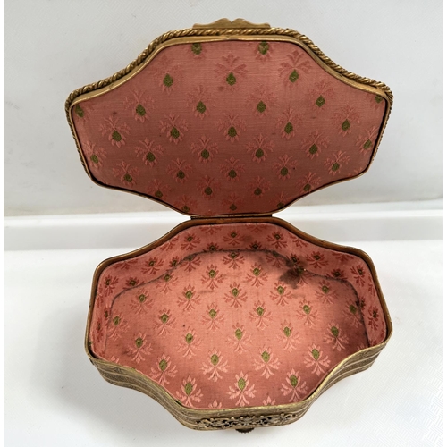 103 - A late 19th century continental gilt metal jewellery box with central enamelled plaque, 15cm