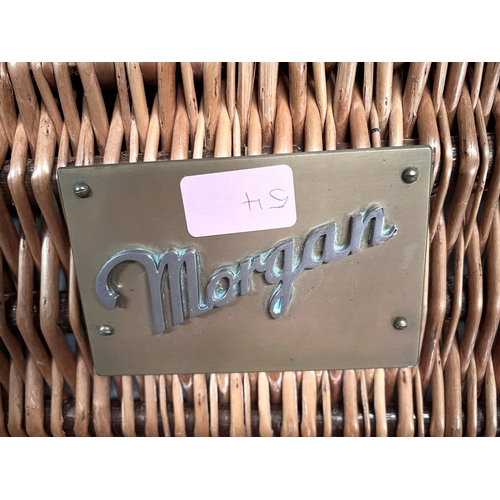 156 - A Morgan (UK sports car) cane picnic hamper with fabric liner; a Morgan dashboard frame; Morgan broc... 