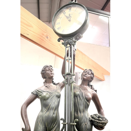 22 - A classical-style resin clock with swinging quartz mount and two partially clad women, height 8cm; a... 