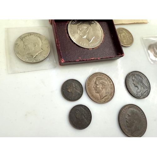 221 - A US Kennedy half dollar 1966, a silver medallion, two farthings 1886 & 1891 and other coins.