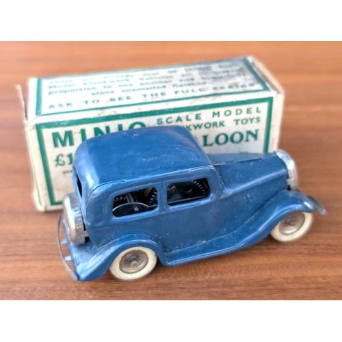 317 - A boxed Minic tin plate clock work £100 Ford saloon with petrol can, blue with white wheels.