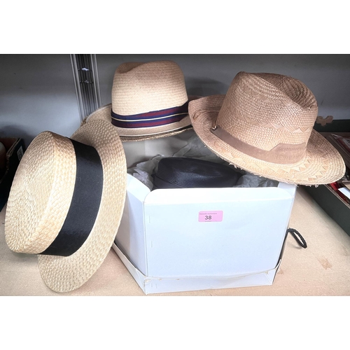 38 - A vintage boater hat and vintage panama hats and another in box; two reading floor lamps.