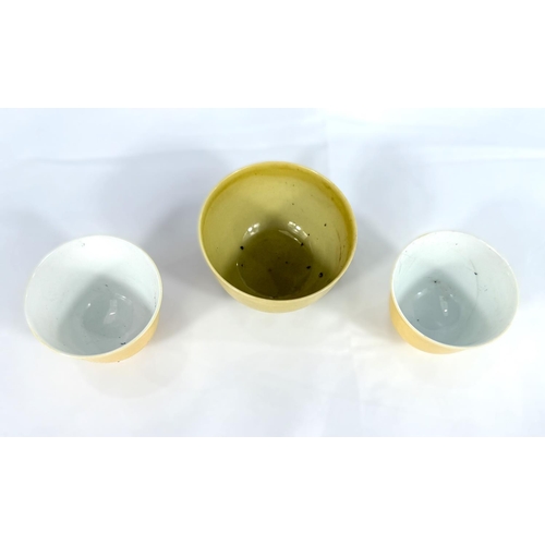 416 - Three Chinese yellow tea bowls two the same and one with 6 character to the base