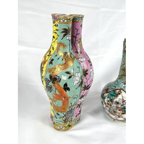 416B - A Chinese 'trio' vase with green, yellow and pink sides each with neck, dragons to the panels six ch... 