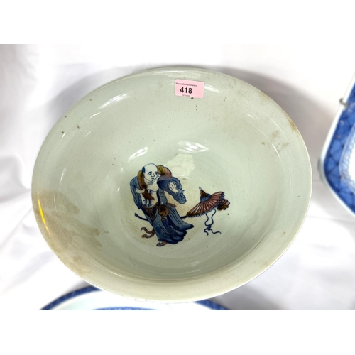 418 - A Chinese bowl with seal mark to base, diameter 29cm three blue and white Chinese meat platters