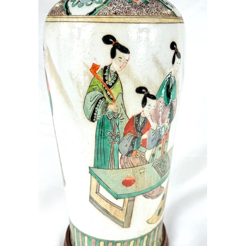 419 - A Chinese famille verte large vase with domestic scenes to the body, six character mark to base, hei... 