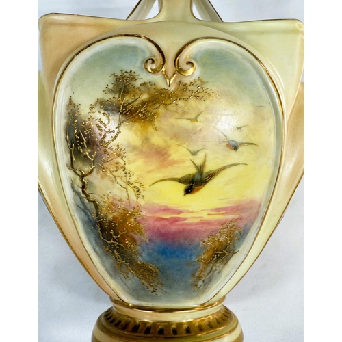 423 - A Royal Worcester unusual hand painted vase with panels of birds, No G493, peach and ivory ground (p... 