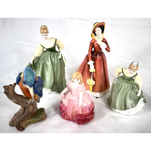 448 - Four Royal Doulton figures:- Julie HN2705, Fair Maiden HN2211, Fair Lady HN2193, Rose HN1368; a Wedg... 