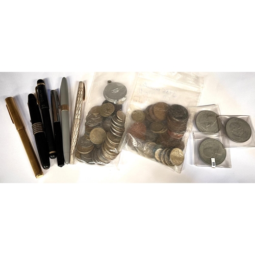 45 - A selection of Shaeffer and other pens, some with gold nibs; selection of coins etc.