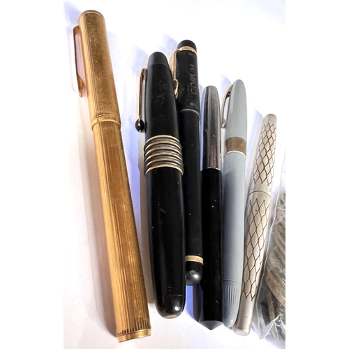 45 - A selection of Shaeffer and other pens, some with gold nibs; selection of coins etc.