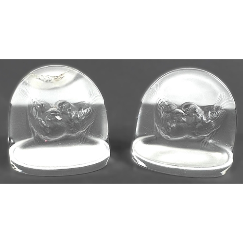 464 - A LALIQUE ring / pin dish with central birds, width 10cm, signature to base; a pair of Lalique menu ... 