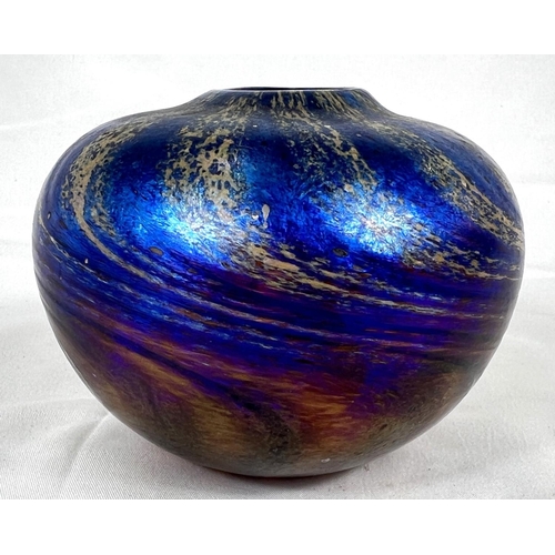 479 - A globular inside out blue and gold vase, signed.A ships decanter with engraved fruit, with Brandy l... 