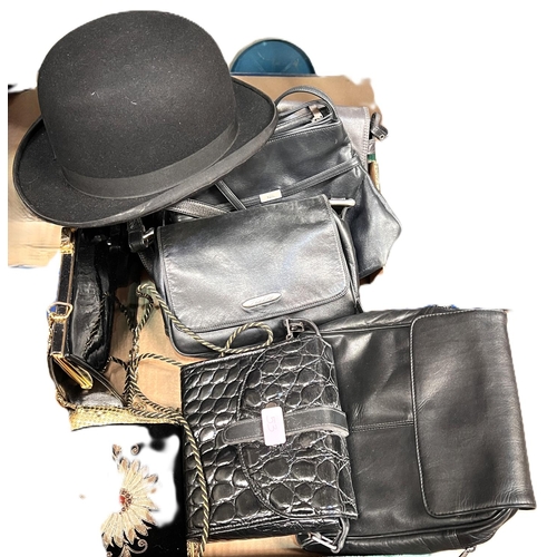 53 - A selection of leather and other handbags, a bowler hat size 7 1/8, gents white dinner jacket etc.