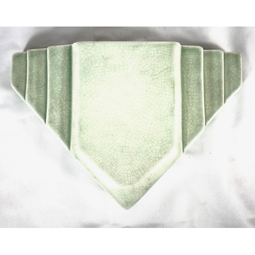 547 - Pilkingtons Royal Lancastrian Art Deco triangular wall pocket in light green, imp. mark, width 27cm.